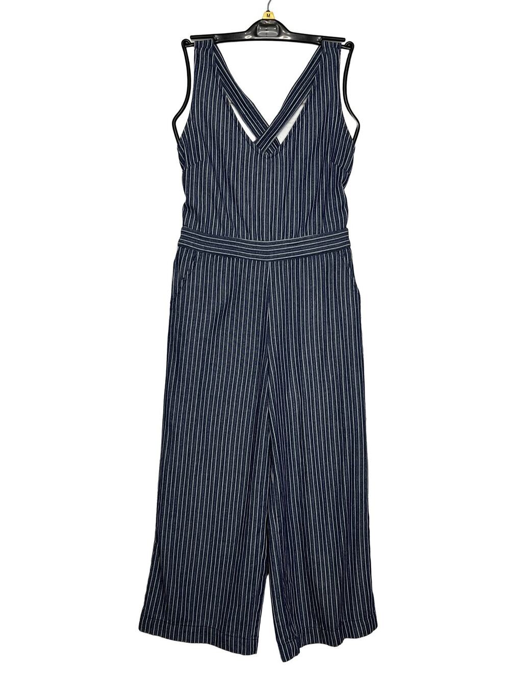Skies Are Blue Pinstripe Jumpsuit Medium Blue White Cross-Back Pockets Elastic